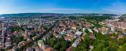  Aerial view of the city Stuttgart  Bad Cannstatt and the old town on a sunny day in Spring 