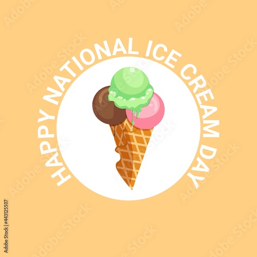 Happy National Ice Cream Day Poster. Sweet cold dessert greeting card. Chocolate ice cream holiday celebration banner.