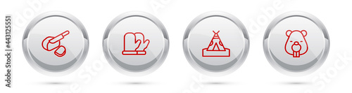 Set line Peameal bacon, Christmas mitten, Indian teepee or wigwam and Beaver animal. Silver circle button. Vector