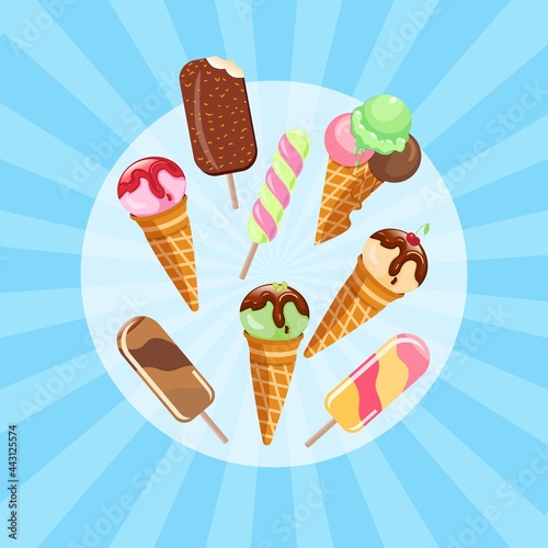 Happy National Ice Cream Day Poster. Sweet cold dessert greeting card. Chocolate ice cream holiday celebration banner.
