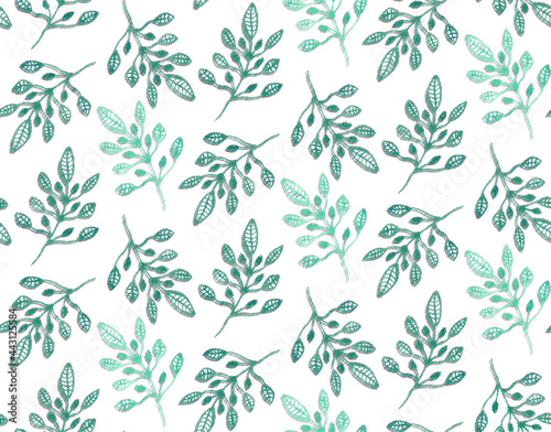 Seamless watercolor mint green leaves pattern.hand drawn, wallpaper, natural, floral, illustration,botanical © designermetin