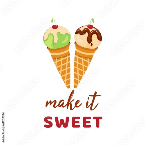 Happy National Ice Cream Day Poster. Sweet cold dessert greeting card. Chocolate ice cream holiday celebration banner.