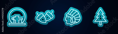 Set line Montreal Biosphere, Acorn, Native American Indian and Christmas tree. Glowing neon icon. Vector