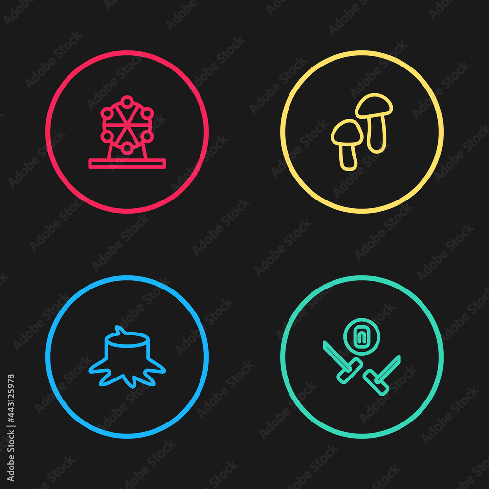 Set line Tree stump, Curling sport game, Mushroom and Ferris wheel icon. Vector Set line Tree stump, Curling sport game, Mushroom and Ferris wheel icon. Vector