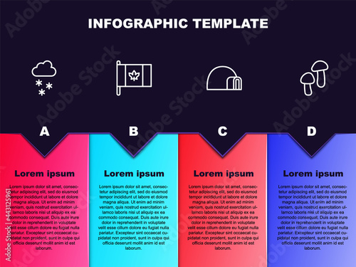 Set line Cloud with snow, Flag of Canada, Igloo ice house and Mushroom. Business infographic template. Vector
