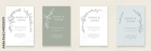 Modern Wedding invitation card template with brunches in line. Minimalism style. © ku4erashka