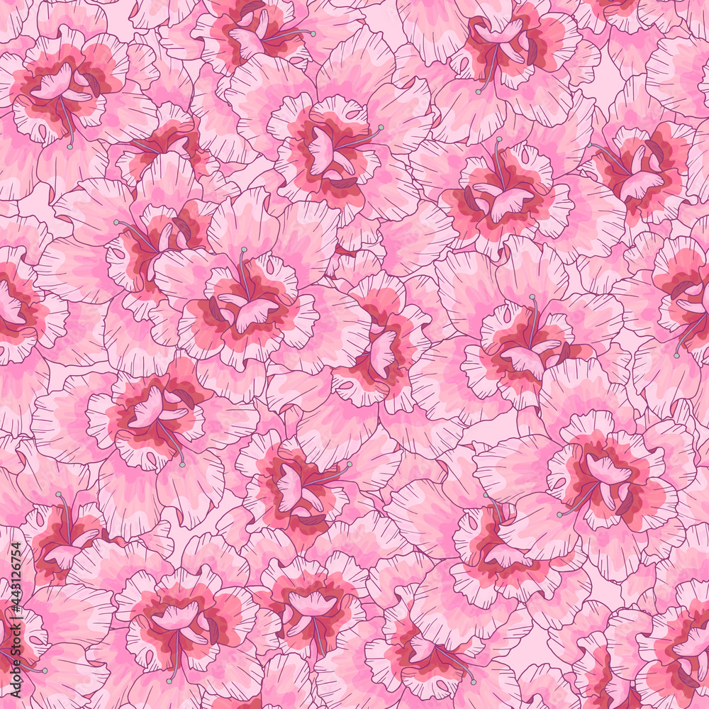 Seamless pattern with pink flowers. Texture for print, fabric, textile, wallpaper. Hand drawn vector illustration. Romantic pretty style.