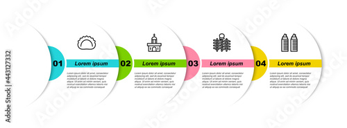 Set line Dumplings, Church building, Wicker fence and Two towers Dnipro. Business infographic template. Vector