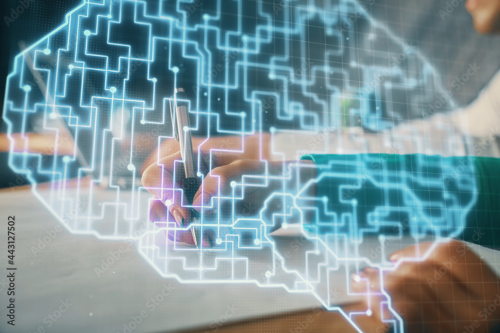 Double exposure of brain drawing over people taking notes background. Concept of Ai Double exposure of brain drawing over people taking notes background. Concept of Ai