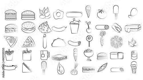 Black and white set of 45 food and snack items icons for restaurant bar cafe: fast food, cheat meat, burger, pizza, hot dog, sandwich, fruits, vegetables. The background. The background