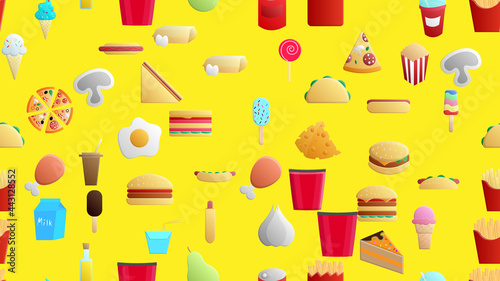 Endless yellow seamless pattern of delicious food and snack items icons set for restaurant bar cafe: fast food, cheat meat, burger, pizza, hot dog, sandwich, fruits, vegetables. The background