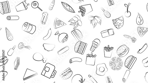 Black and white endless seamless pattern of food and snack items icons set for restaurant bar cafe: fast food, cheat meat, burger, pizza, hot dog, sandwich, fruits, vegetables. The background