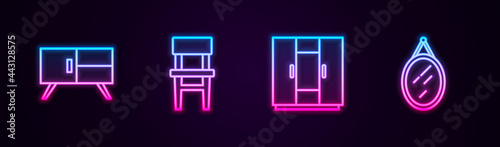 Set line Chest of drawers, Chair, Wardrobe and Mirror. Glowing neon icon. Vector