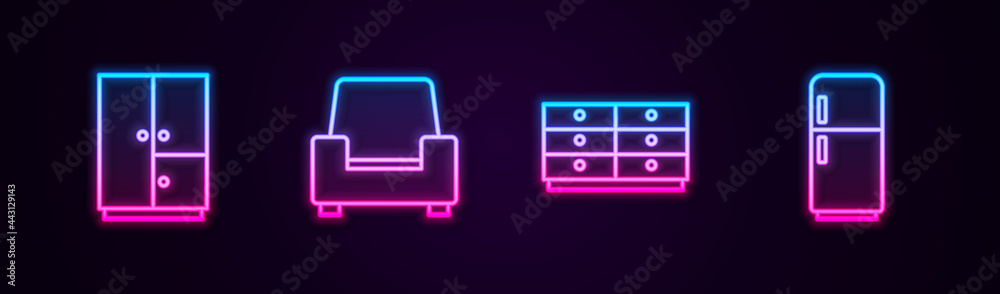 Set line Wardrobe, Armchair, Chest of drawers and Refrigerator. Glowing neon icon. Vector Set line Wardrobe, Armchair, Chest of drawers and Refrigerator. Glowing neon icon. Vector