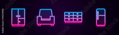Set line Wardrobe, Armchair, Chest of drawers and Refrigerator. Glowing neon icon. Vector