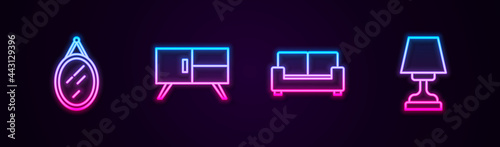 Set line Mirror, Chest of drawers, Sofa and Table lamp. Glowing neon icon. Vector