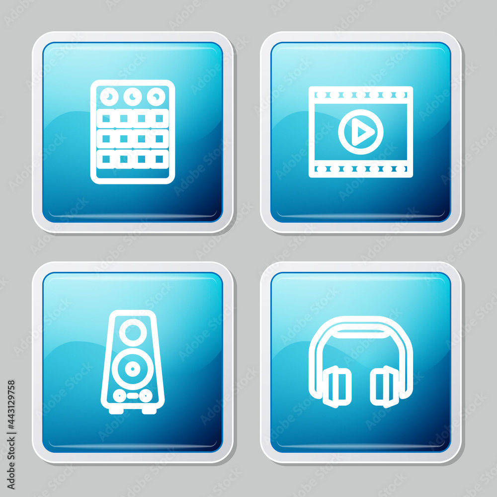 Set line Drum machine, Online play video, Stereo speaker and Headphones icon. Vector Set line Drum machine, Online play video, Stereo speaker and Headphones icon. Vector