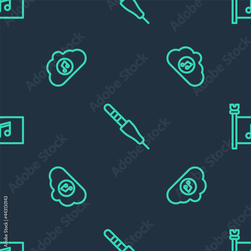 Set line Audio jack, Music streaming service and festival flag on seamless pattern. Vector