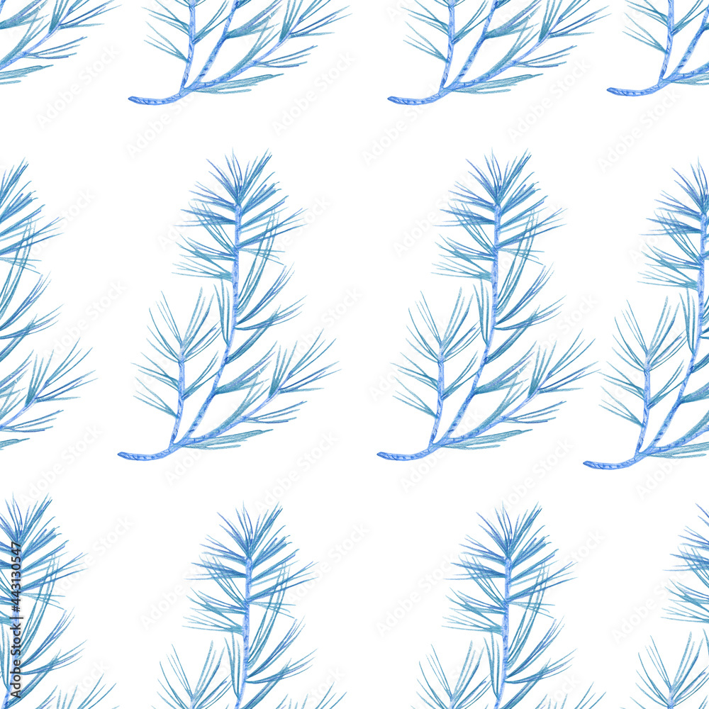 Seamless pattern with branches of pine tree cut out on white background. Made in the technique of colored pencils. Hand drawn. Seamless pattern with branches of pine tree cut out on white background. Made in the technique of colored pencils. Hand drawn.