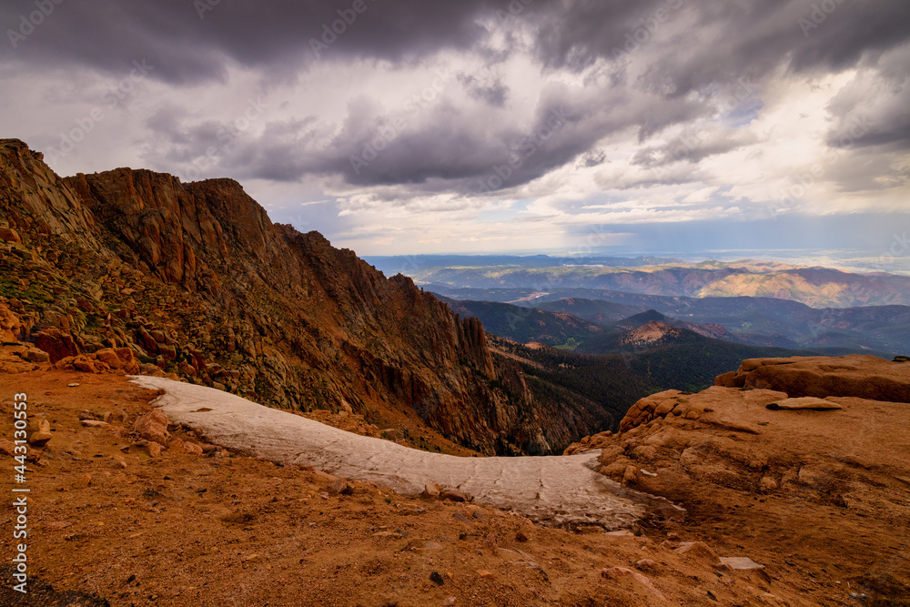 Landscape of distant mountains from atop Pike's Peak in Colorado.