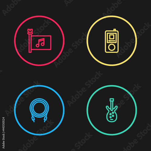Set line Audio jack, Electric bass guitar, Music player and festival flag icon. Vector