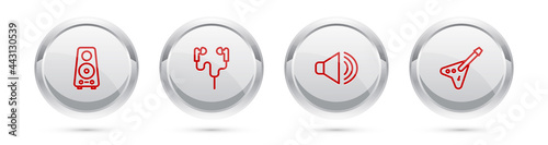 Set line Stereo speaker, Air headphones, Speaker volume and Electric bass guitar. Silver circle button. Vector