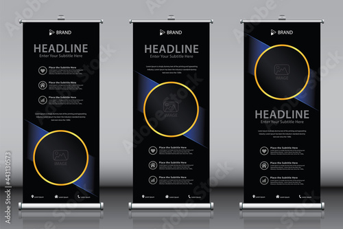 Roll up vertical stand banner set. Black blue and gold business design template vector with image three titles and 3 description. Modern branding product advertisement and sale banner. 3 in 1
