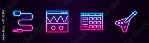 Set line Audio jack, Oscilloscope, Drum machine and Electric bass guitar. Glowing neon icon. Vector
