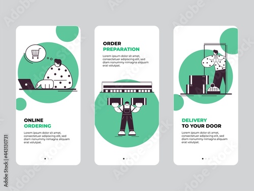 Delivery services. Onboarding screens pack suitable for mobile app, web banners and website. Concept of delivery chain process. Flat style minimalist vector design illustration.