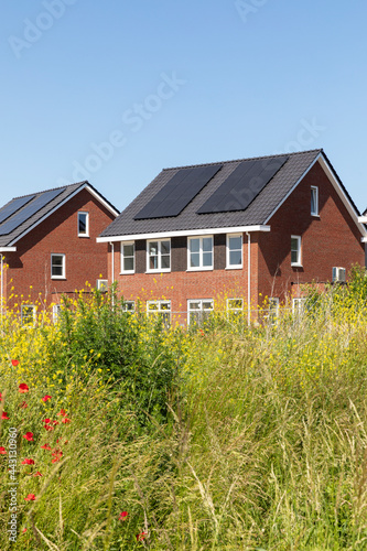 Solar panels on the roof of new built houses in The Netherlands collecting green energy from the sun in a modern and sustainable way. New technology on Dutch houses concept, surrounded by nature 