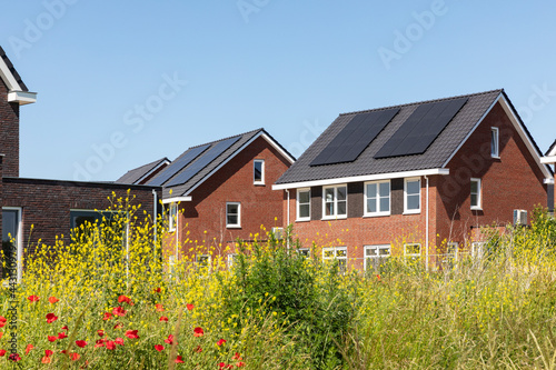 Solar panels on the roof of new built houses in The Netherlands collecting green energy from the sun in a modern and sustainable way. New technology on Dutch houses surrounded by nature