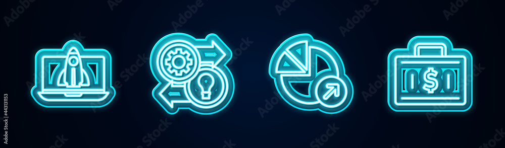 Set line Startup project concept, Human resources, Financial growth and Briefcase and money. Glowing neon icon. Vector Set line Startup project concept, Human resources, Financial growth and Briefcase and money. Glowing neon icon. Vector