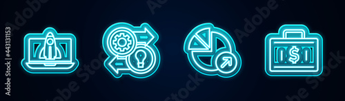 Set line Startup project concept, Human resources, Financial growth and Briefcase and money. Glowing neon icon. Vector