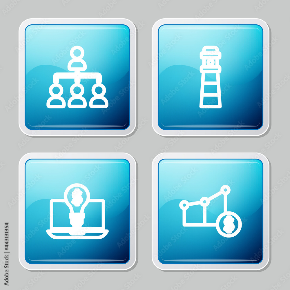 Set line Hierarchy organogram chart, Lighthouse, bulb with dollar on laptop and Pie and icon. Vector Set line Hierarchy organogram chart, Lighthouse, bulb with dollar on laptop and Pie and icon. Vector