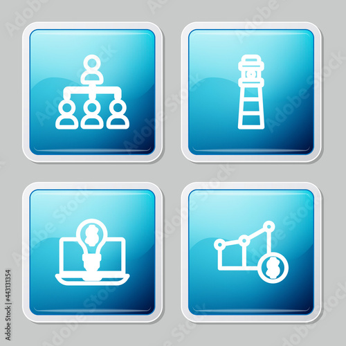 Set line Hierarchy organogram chart, Lighthouse, bulb with dollar on laptop and Pie and icon. Vector