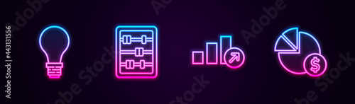 Set line Light bulb with concept of idea, Abacus, Financial growth and Pie chart and dollar. Glowing neon icon. Vector