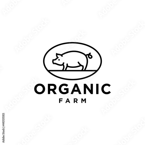 pig logo line, organic farm with grass concept badge logo icon Illustration 