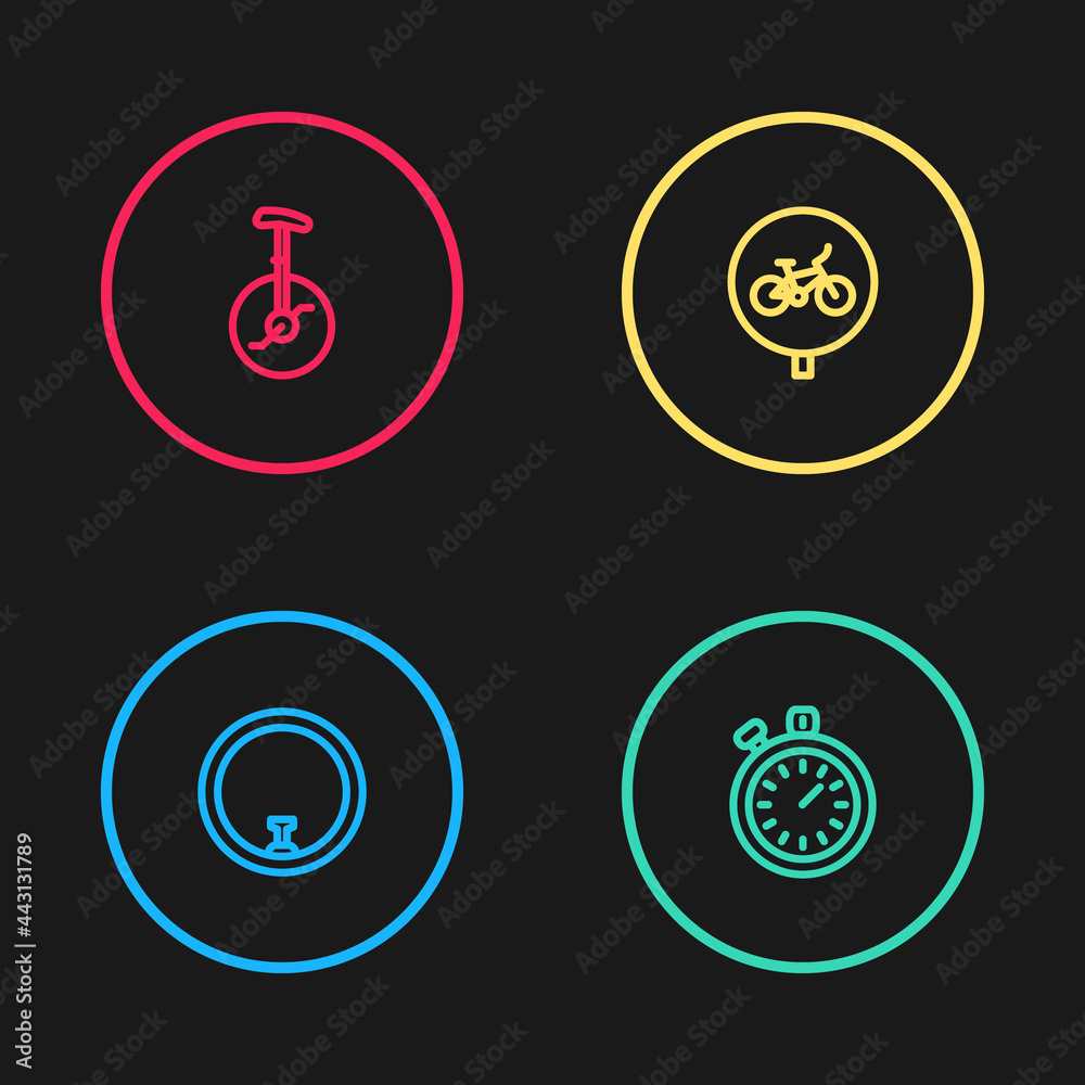 Set line Bicycle wheel, Stopwatch, and Unicycle or one bicycle icon. Vector Set line Bicycle wheel, Stopwatch, and Unicycle or one bicycle icon. Vector