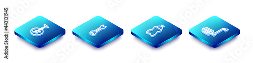 Set Isometric line Unicycle or one wheel bicycle, Wrench spanner, Sport bottle with water and Bicycle pedal icon. Vector