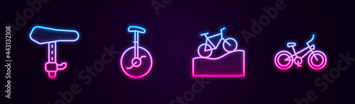 Set line Bicycle seat, Unicycle or one wheel bicycle, Mountain and . Glowing neon icon. Vector