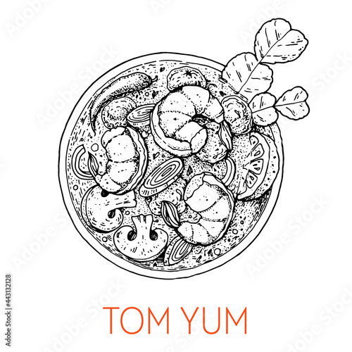 Tom yum, thai food. Hand drawn vector illustration. Sketch style. Top view. Vintage vector illustration.