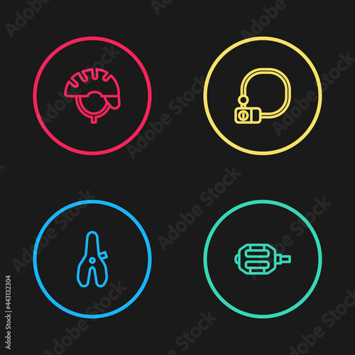 Set line Bicycle seat, pedal, lock and helmet icon. Vector