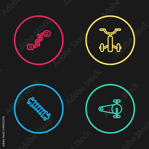 Set line Bicycle suspension, chain with gear, for kids and pedals icon. Vector