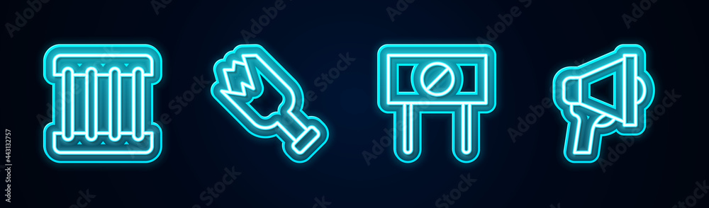 Set line Prison window, Broken bottle as weapon, Protest and Megaphone. Glowing neon icon. Vector Set line Prison window, Broken bottle as weapon, Protest and Megaphone. Glowing neon icon. Vector