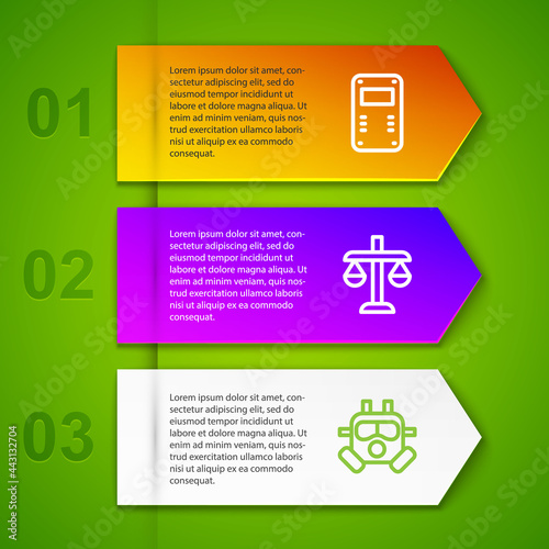 Set line Police assault shield, Scales of justice and Gas mask. Business infographic template. Vector