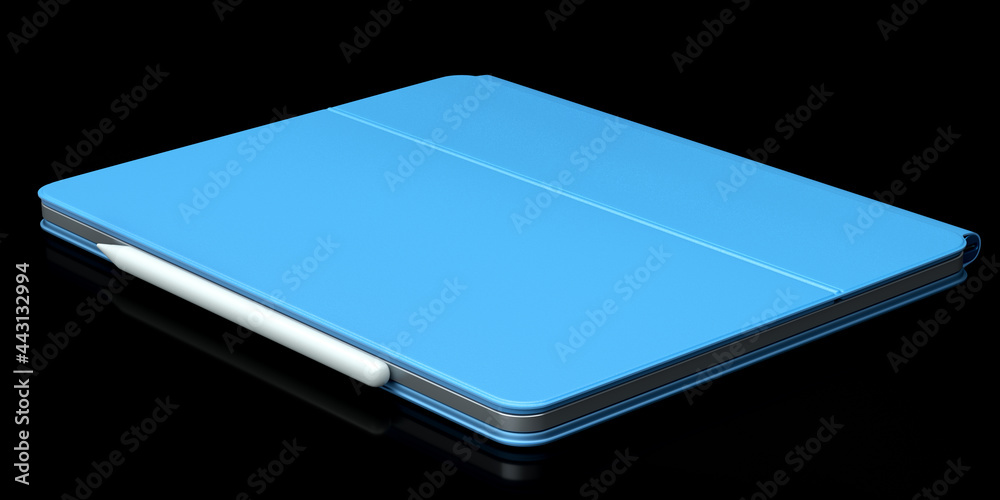 Computer tablet with blue cover case and pencil isolated on black background. Computer tablet with blue cover case and pencil isolated on black background.