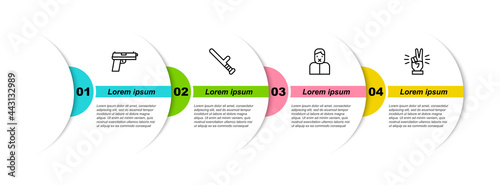 Set line Pistol or gun, Police rubber baton, Censor and freedom of speech and Hand showing two finger. Business infographic template. Vector