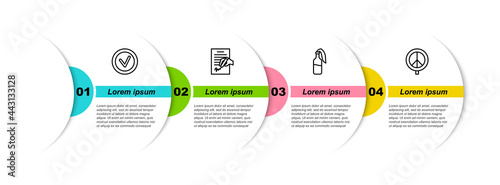 Set line Check mark in round, Petition, Cocktail molotov and Peace. Business infographic template. Vector