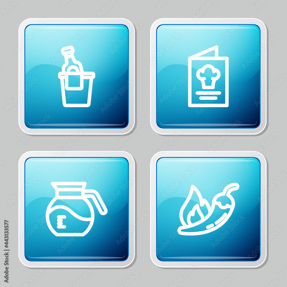 Set line Champagne in an ice bucket, Cookbook, Coffee pot and Hot chili pepper pod icon. Vector Set line Champagne in an ice bucket, Cookbook, Coffee pot and Hot chili pepper pod icon. Vector