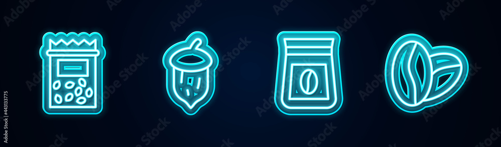 Set line Pack full of seeds of plant, Acorn, oak nut,, Bag coffee beans and Coffee. Glowing neon icon. Vector Set line Pack full of seeds of plant, Acorn, oak nut,, Bag coffee beans and Coffee. Glowing neon icon. Vector